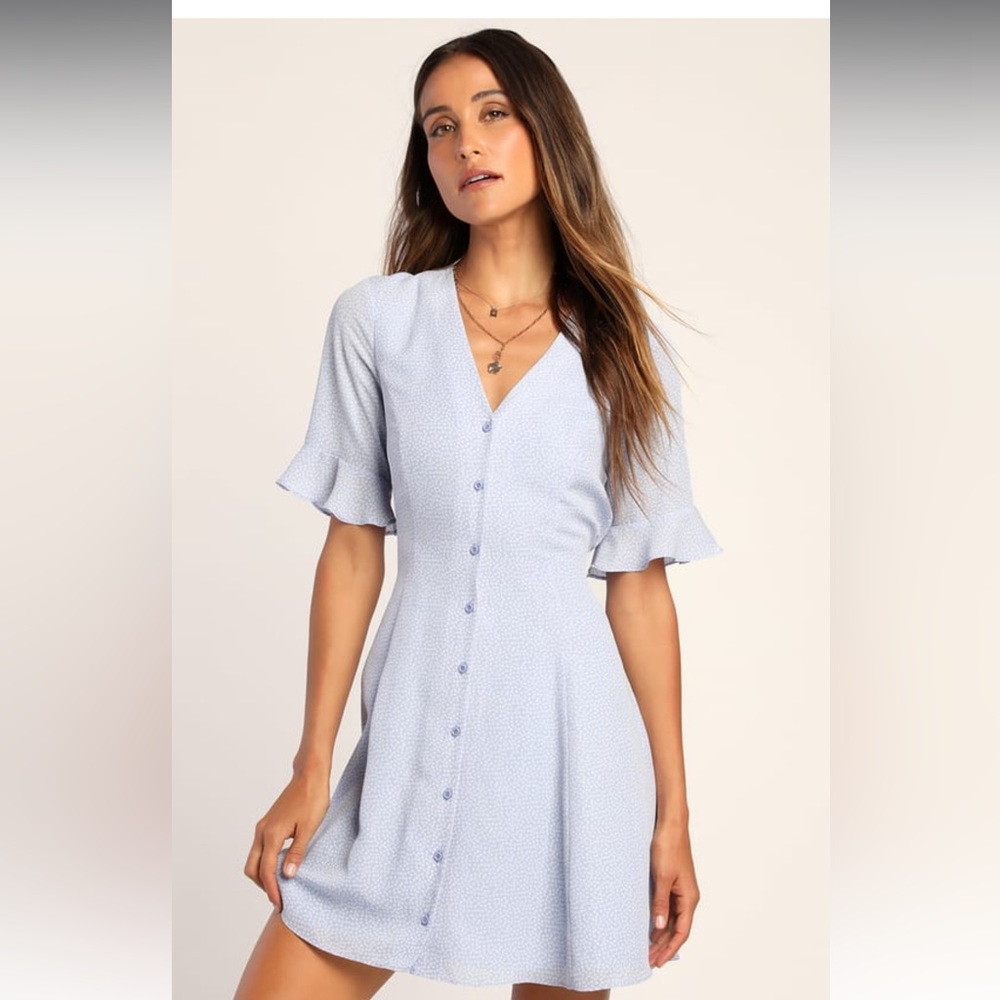 New Lulus Castana Light Blue Print Button-Up Dress, Size M
